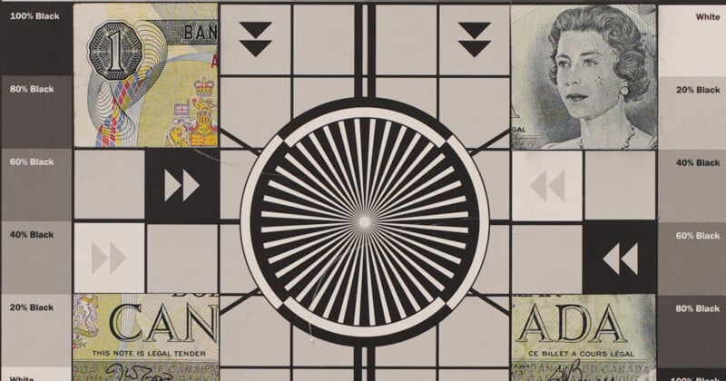 A test pattern chart with concentric circles in the center, grayscale bars on the sides, and sections showing parts of Canadian banknotes, including a portrait of Queen Elizabeth II.
