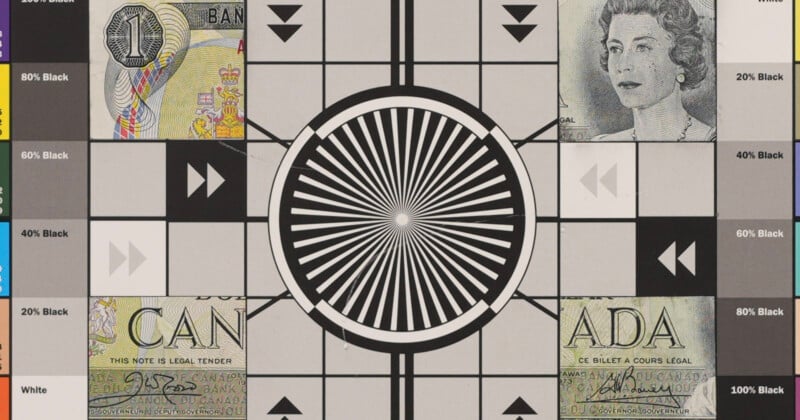 A test pattern image with concentric black and white circles in the center, grayscale gradients on the sides, and partial images of banknotes featuring a portrait of a woman in the corners.