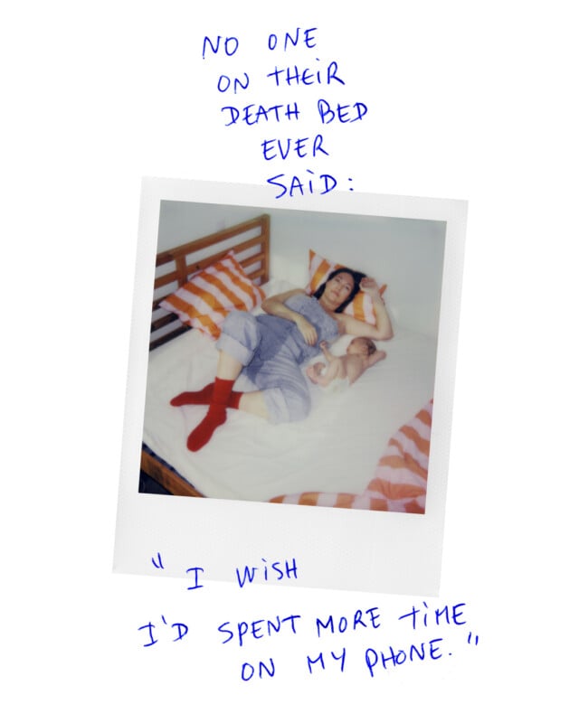 A person in red socks lounges on a bed with orange-striped sheets, holding a phone. Over the photo, handwritten text reads: "No one on their death bed ever said: 'I wish I'd spent more time on my phone.'.
