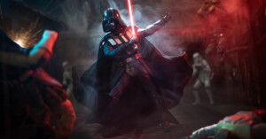 Darth Vader wields a red lightsaber in a dramatic, smoky scene with stormtroopers and other figures in the background, illuminated by red and blue lighting.
