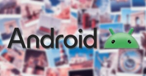 The word "Android" in black letters with a green Android robot head on a background of blurred, colorful photographs.