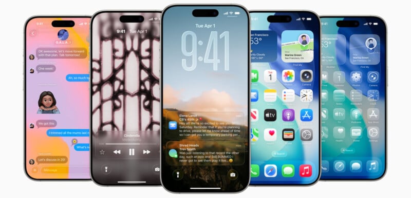 Five iPhones display different screens: a text conversation, music player, lock screen with notifications, weather app, and home screen with various app icons.