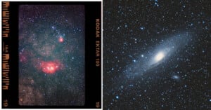 Side-by-side images: on the left, a film photo shows a star field with bright red nebulae; on the right, a digital image features the Andromeda galaxy and surrounding stars on a dark sky background.