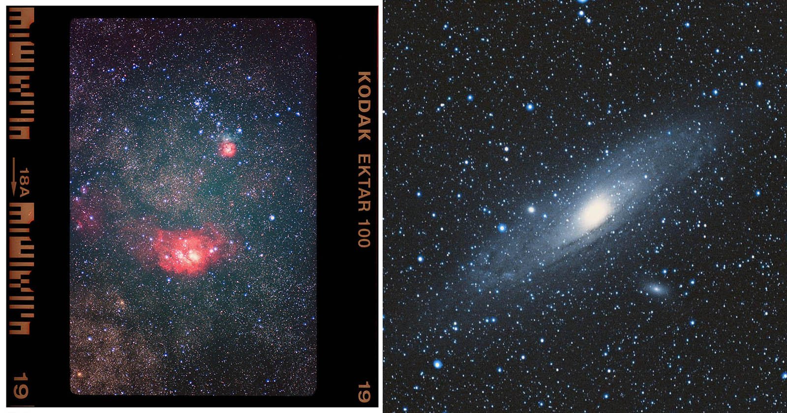 Side-by-side images: on the left, a film photo shows a star field with bright red nebulae; on the right, a digital image features the Andromeda galaxy and surrounding stars on a dark sky background.