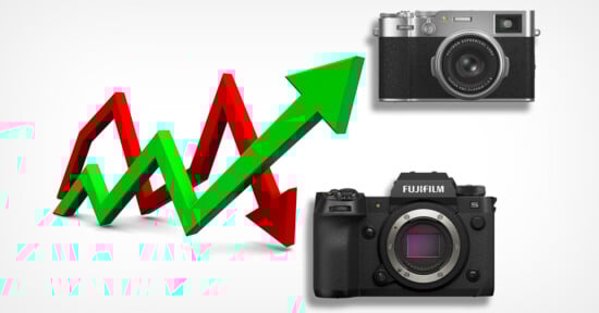 A 3D red and green zigzag arrow indicates fluctuating trends between a silver vintage-style camera in the top right and a modern black camera with an exposed sensor in the bottom right, set against a white background.