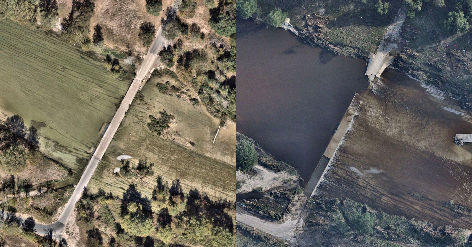 A side-by-side aerial view shows a road bridge over a river before and after flooding; the left image displays the intact bridge, while the right shows it damaged with water overflow.