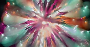 A vibrant, abstract burst of colors including teal, pink, orange, and white, radiating outward from a central bright point, resembling an explosion or a firework viewed through a soft, dreamy lens.