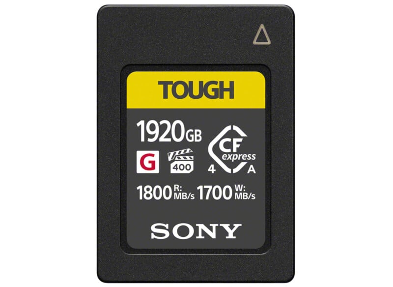 Sony TOUGH CFexpress memory card with 1920GB capacity, featuring 1800 MB/s read and 1700 MB/s write speeds. The card is mostly black with a yellow and black label displaying technical details.