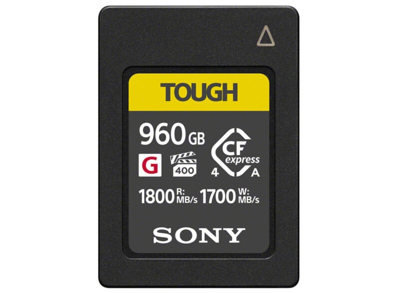 Sony TOUGH CFexpress memory card, 960GB capacity, labeled with 1800 MB/s read and 1700 MB/s write speeds. The card is black with a yellow, white, and black label showing technical details.