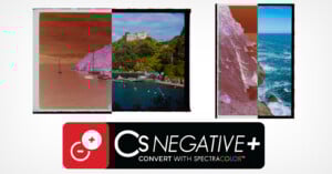 Two side-by-side comparisons of film negatives and their positive color conversions, showing a coastal village and cliffs, with the text “CS NEGATIVE+ CONVERT WITH SPECTRACOLOR” and a red logo below.