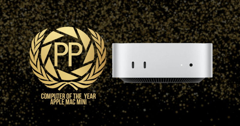 A silver Apple Mac Mini is displayed on a black background with gold sparkles. To the left, a gold logo features the letters "PP" surrounded by a laurel wreath, with the text "Computer of the Year Apple Mac Mini" below.