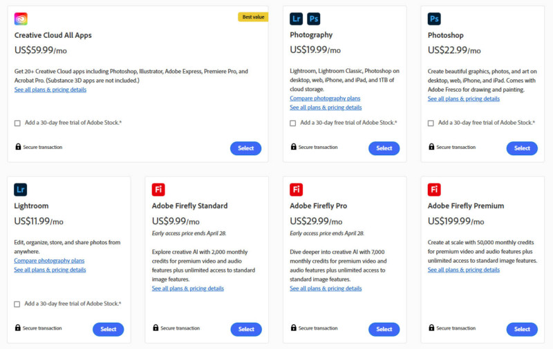 Image showing various Adobe subscription plans. Options include Creative Cloud All Apps, Photography, Photoshop, Lightroom, and Adobe Firefly in Standard, Pro, and Premium editions, with prices ranging from $19.99 to $59.99 per month.