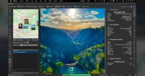 A screenshot of a photo editing software showing a vivid image of a river canyon at sunset, with steep cliffs, green trees, bright blue water, and a curved dam, alongside editing tools, photo info, and a map preview.