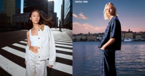 Split image: On the left, a woman in a white outfit stands on a city street crosswalk. On the right, a woman in a dark blue outfit stands by the water with a cityscape in the background and "DIGITAL TWIN" text above her.