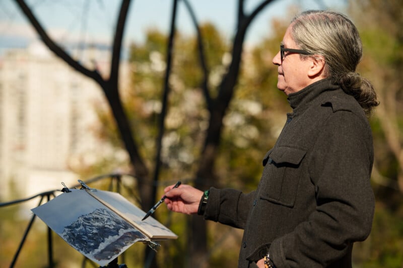 A man with gray hair and glasses, wearing a dark coat, stands outdoors painting a mountain landscape on a canvas, with trees and buildings blurred in the background.