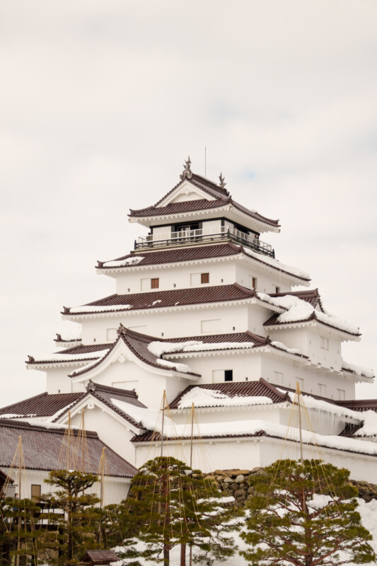 The image shows a traditional Japanese castle with multiple tiers and white exterior. The rooftops are dusted with snow. Slender trees are in the foreground, and the sky is overcast.