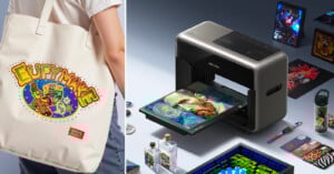A person holds a tote bag with colorful "EufyMake" artwork. Next to it, a printer prints Van Gogh art on a flat object, surrounded by decorated items like cards, bottles, and phone cases.