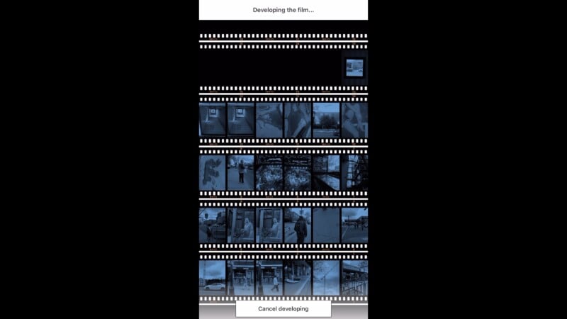 A phone screen shows a film development app processing a film roll. Strips of negative film with various photos are displayed vertically, with "Developing the film..." at the top and "Cancel developing" at the bottom.