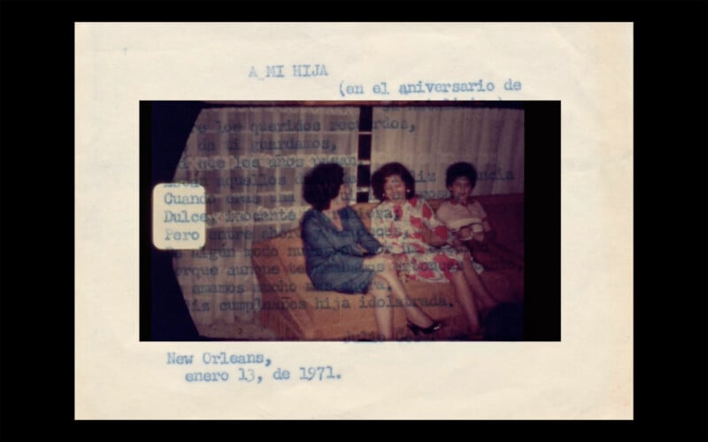 A vintage photo of three women sitting on a couch is overlaid on a typed Spanish letter addressed “A MI HIJA.” The letter is dated New Orleans, January 13, 1971, and parts of the text are visible behind the photo.