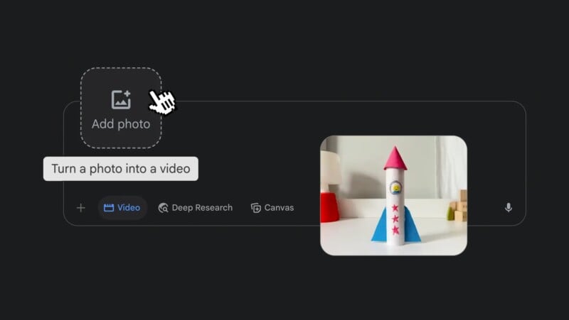 A cursor hovers over an "Add photo" button on a dark interface, with the tooltip "Turn a photo into a video." Beside it is a photo of a toy rocket with blue fins and a red cone.