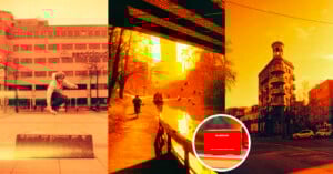 A triptych image with a skateboarder mid-jump in front of a building, people walking by a canal under a bridge with birds flying, and a historic tall building. The entire image has a red-orange filter with an inset of the "HARIMAN RED ISO 50" film branding.