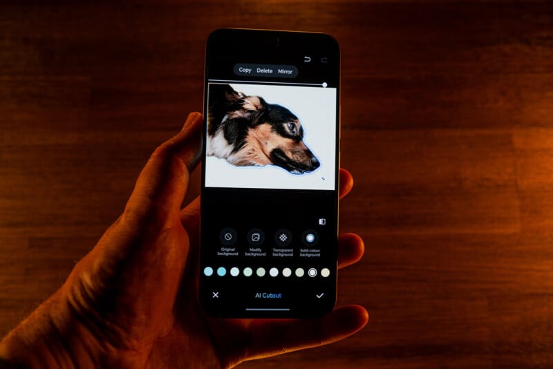 A hand holds a smartphone displaying a photo editing app, which shows a dog's profile being edited on the screen. The background is warmly lit with wooden tones.