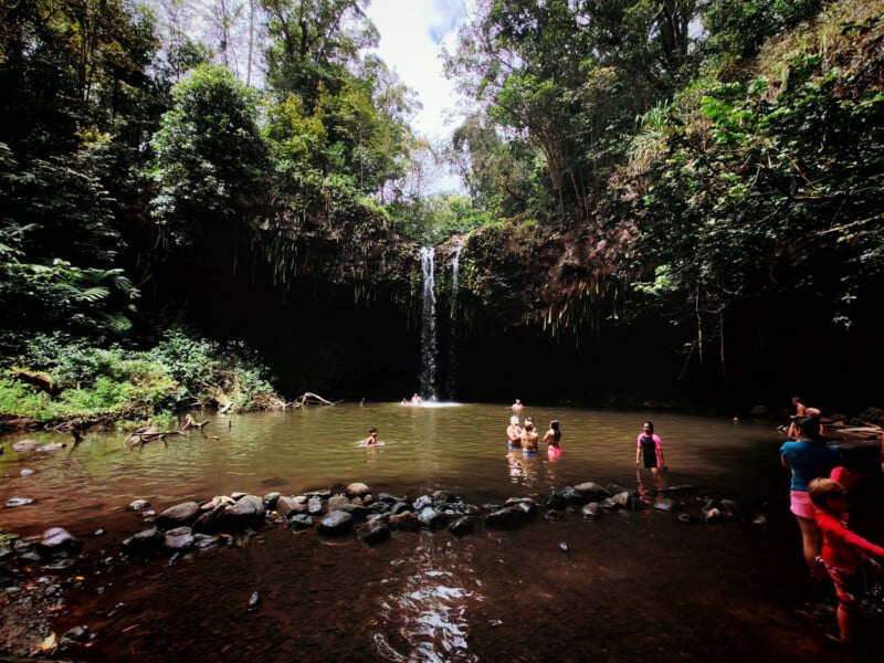 People swim and wade in a circular brownish pond with a small waterfall surrounded by lush green trees and rocks, under a bright sky. Some stand on rocks at the water’s edge.