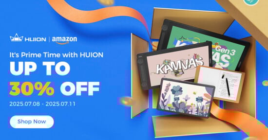 Open cardboard box with three Huion drawing tablets, each displaying colorful digital art. Blue background with "UP TO 30% OFF," sale dates, and Huion and Amazon logos. "Shop Now" button at bottom left.
