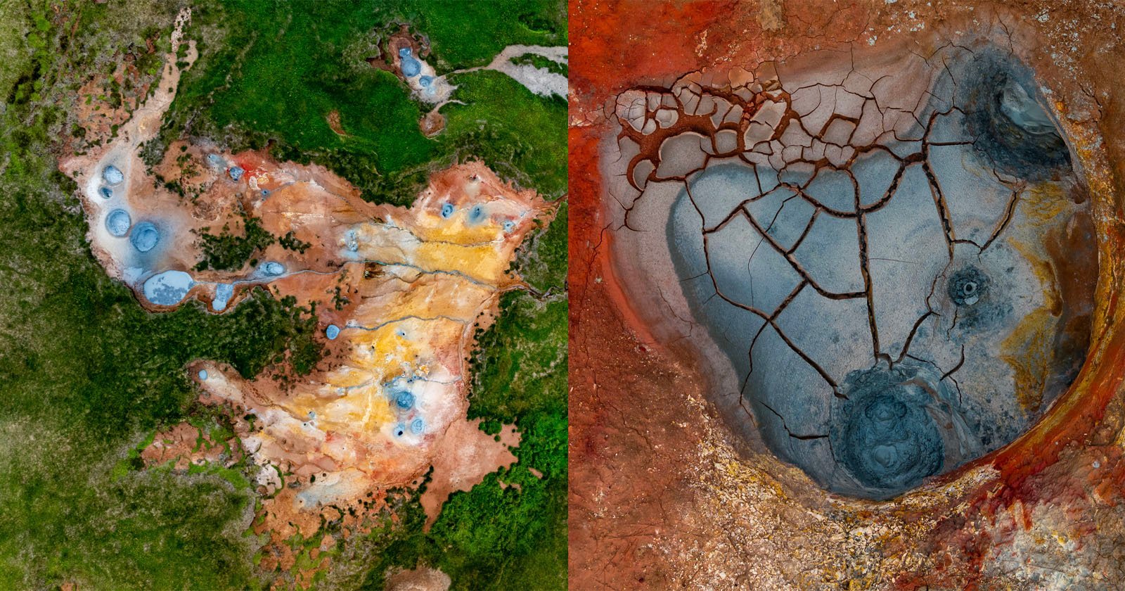 Aerial view split: left side shows colorful geothermal pools in green grass, right side shows a cracked, circular, dry crater with red and gray tones.