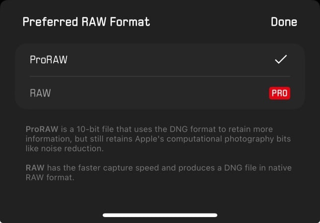 Screenshot of a settings menu showing "Preferred RAW Format" options, with "ProRAW" selected and "RAW" listed below. ProRAW is described as retaining more information; RAW offers faster capture speed.