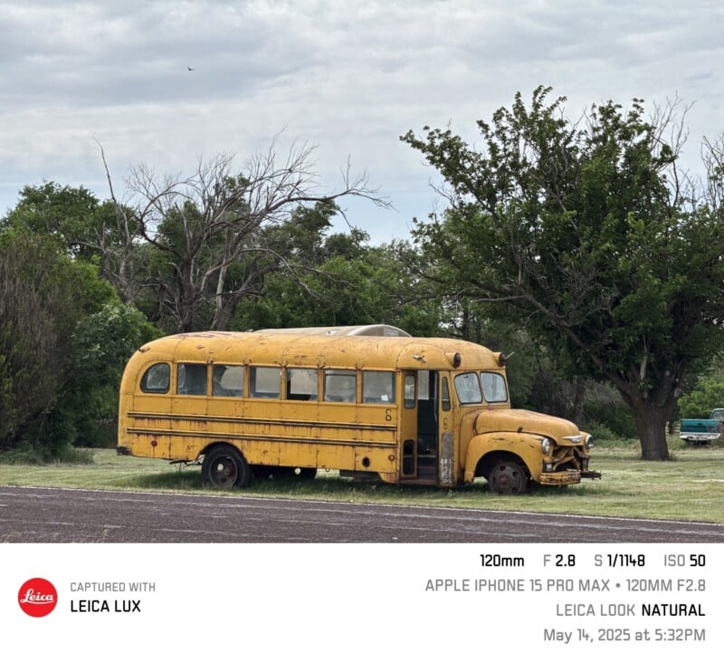 A rusty, abandoned yellow school bus sits on grass near trees under a cloudy sky. The bus is weathered, missing a headlight, with green foliage in the background.