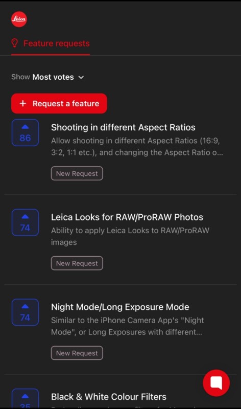 A dark-themed app screen shows a "Feature requests" page with suggestions like "Shooting in different Aspect Ratios," "Leica Looks for RAW/ProRAW Photos," and "Night Mode/Long Exposure Shooting.