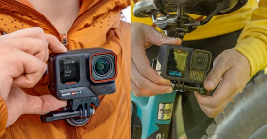 Split image: On the left, a person in an orange jacket holds an Insta360 action camera. On the right, another person attaches a GoPro action camera to a bicycle, wearing a yellow shirt.