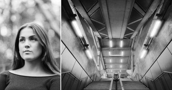 On the left, a young woman with long hair looks thoughtfully into the distance. On the right, two people walk up wide stairs in an urban, modern subway station with bright overhead lights. Both images are in black and white.