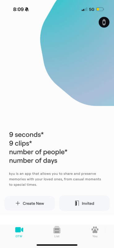 A mobile app screen displays memory sharing features: "9 seconds, 9 clips, number of people, number of days." Two buttons read "Create New" and "Invited." Bottom nav icons for OTW, List, and You are visible.