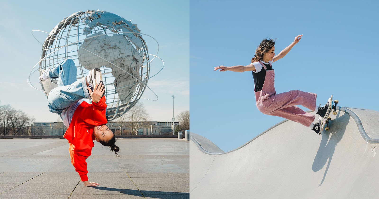 Split image: On the left, a person breakdances on one hand in front of a large metal globe sculpture. On the right, a person skateboards on a curving ramp under a clear blue sky.