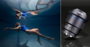 A woman in a blue swimsuit floats underwater in a pool, her reflection visible above. Next to her is a separate image of a Laowa 12mm camera lens against a dark background.