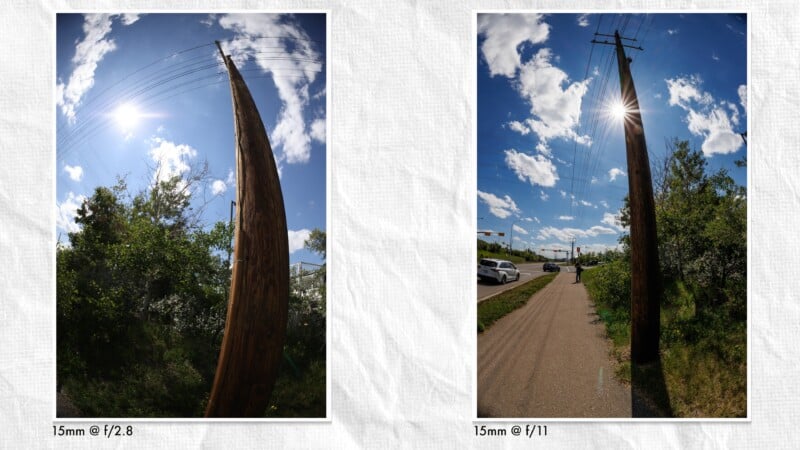 Two side-by-side photos of a wooden utility pole taken with a wide-angle lens. The left image shows more distortion and a brighter sky at f/2.8, while the right image is less distorted and shows a sunburst at f/11.