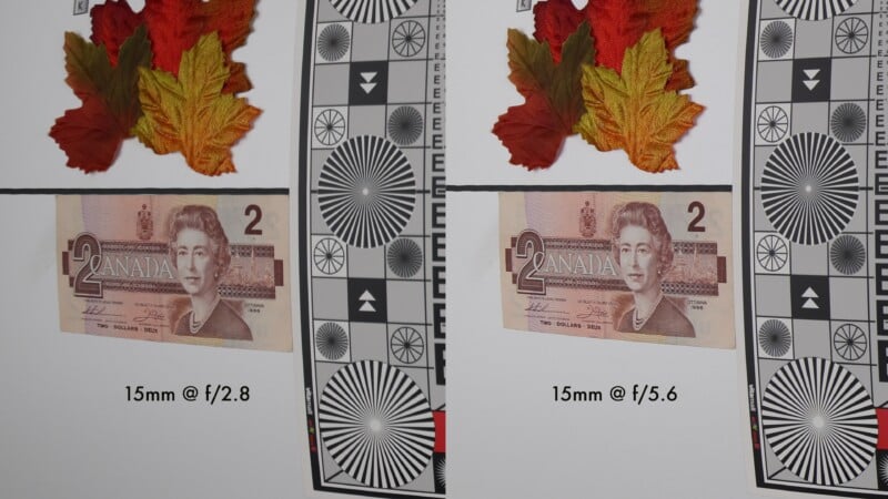 Two sections of a photo compare sharpness at 15mm focal length, one at f/2.8 and one at f/5.6. Both sides show maple leaves, a Canadian $2 bill, and a resolution test chart. The f/5.6 side appears sharper.