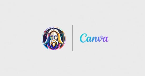 A logo with a stylized illustration of a bearded figure with geometric shapes on the left, and the word "Canva" in a gradient blue-to-purple script font on the right, separated by a vertical line. The background is white.
