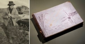 On the left, a black-and-white photo of a man wearing a hat and rugged clothes stands outdoors. On the right, a closed sketchbook with a drawing and the words "La Pat Norfolk Broads" on the cover.