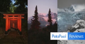 A triptych of images featuring a pathway with red torii gates, a mountain landscape at dusk with trees, and a snowy glacier. The "PetaPixel Reviews" logo is at the bottom right with blue and white text.