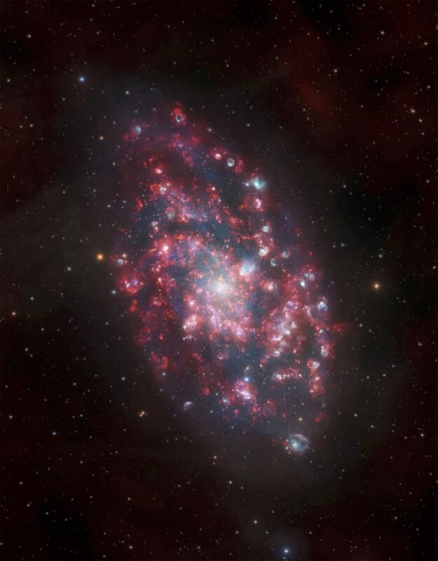 A colorful spiral galaxy glows against a dark star-filled background, with bright red, blue, and white nebulae highlighting star-forming regions throughout its disk.