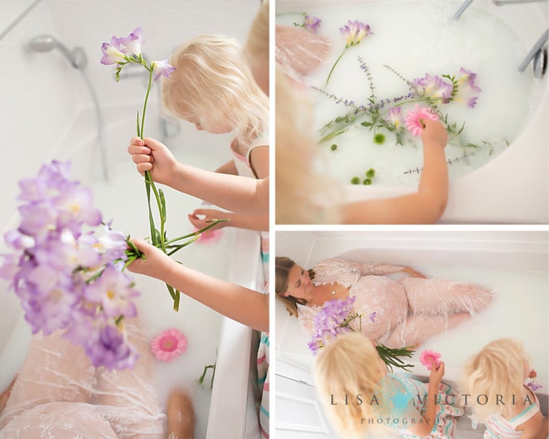 A grid of milk bath photos with a pregnant mother