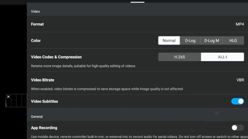 Screenshot of a video settings menu showing options for color profile, video codec and compression (set to H.265), video bitrate (set to VBR), and audio recording settings.