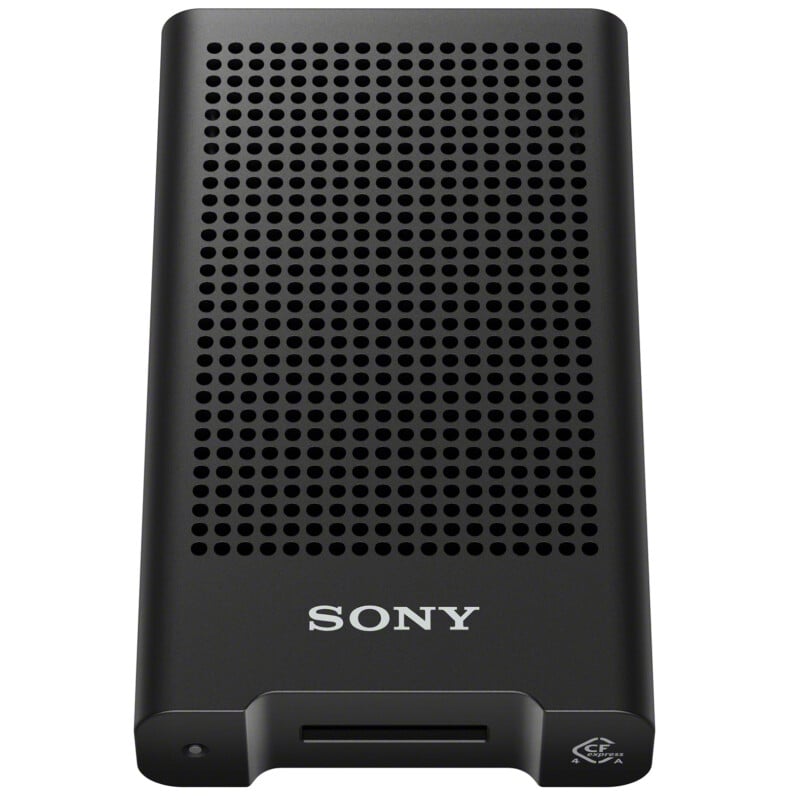 A black Sony external solid-state drive with a perforated surface for ventilation, the Sony logo printed on the front, and a visible card slot at the bottom.