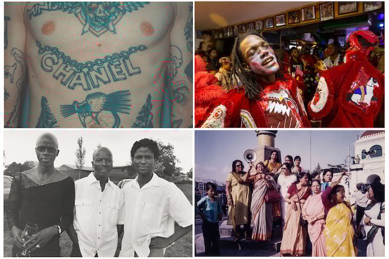A collage of four photos: a close-up of a tattooed chest, a vibrant group celebrating in costumes and face paint, two men posing outdoors, and a group of women gathered and singing outside.