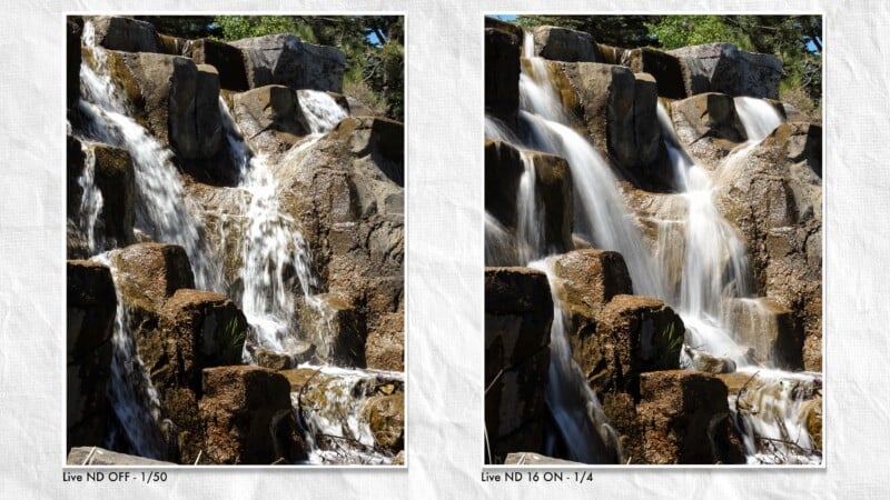 Side-by-side comparison of a waterfall over rocks: the left image shows water with sharp detail (ND off, 1/50s shutter), and the right image shows water as a smooth blur (ND 1/4, 16 ON), demonstrating different photographic effects.