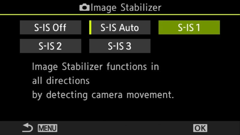 A camera screen displays image stabilizer settings with options: S-IS Off, S-IS Auto, S-IS1 (selected), S-IS2, S-IS3. Description: "Image Stabilizer functions in all directions by detecting camera movement.