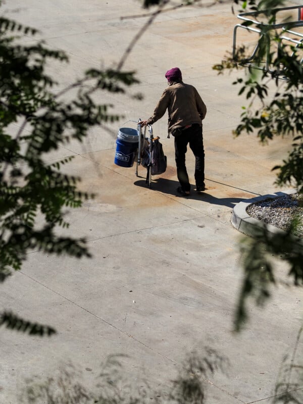 A person wearing a purple hat pushes a cart with bags and a blue container along a concrete path, surrounded by blurry green foliage in the foreground.